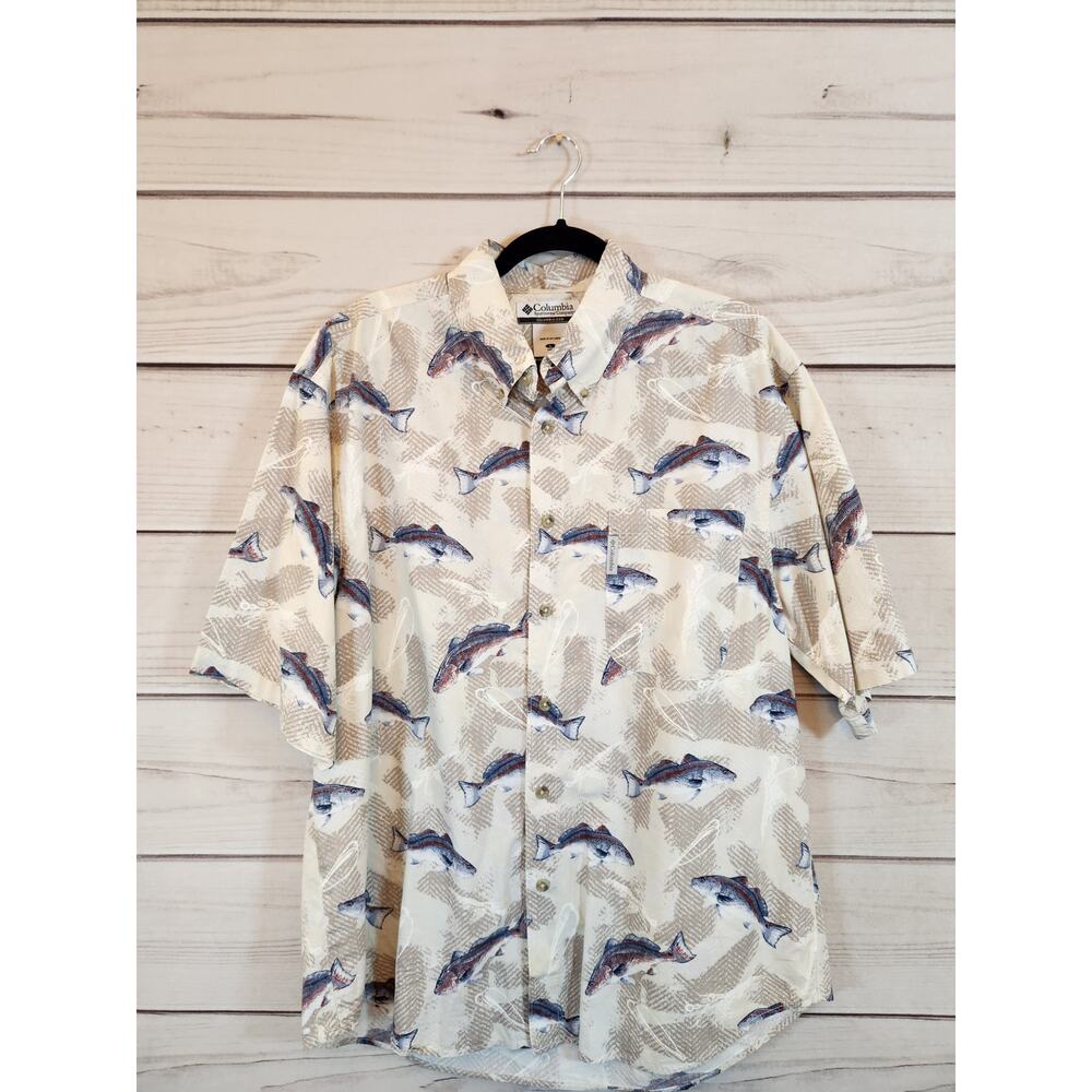 Columbia Mens Button Down Shirt Fisherman Fish Trout Short‎ Sleeve Size L